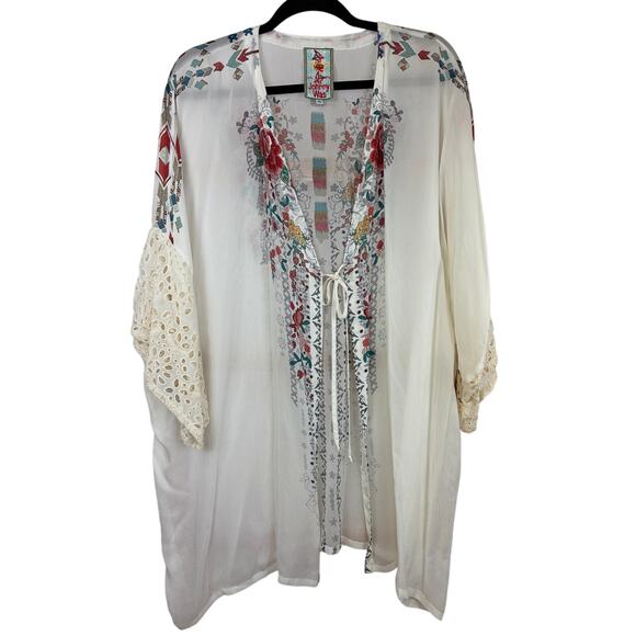 Johnny Was Tops - Johnny Was Floral Sheer Front Tie Mid Length Sleeve Top Size XL